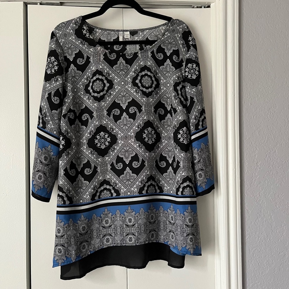 Cato Paisley Print Tunic Dress 3/4 Sleeve Casual Black Blue 14/16W